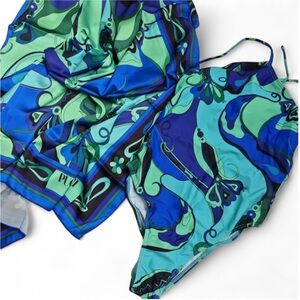 Pucci Aqua Ocean Blue One-Piece Swimsuit with Matching Scarf